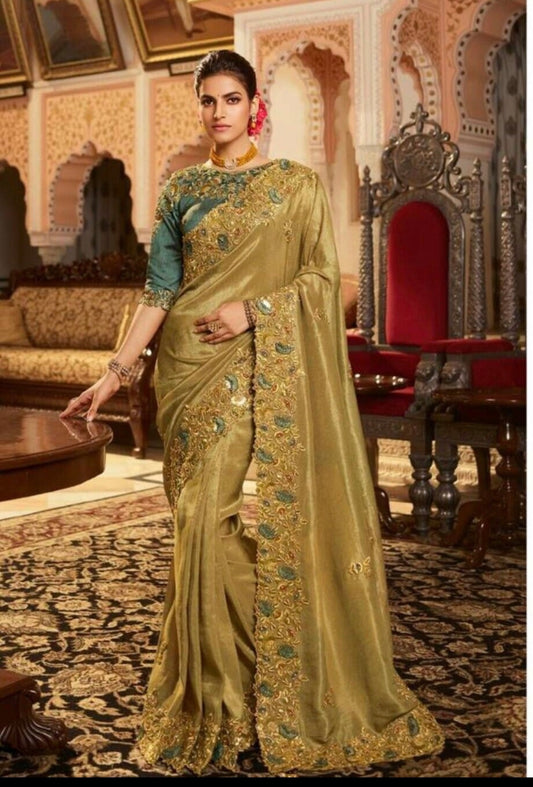 Pre- Stitched Saree: Golden and Blue Saree with Blouse