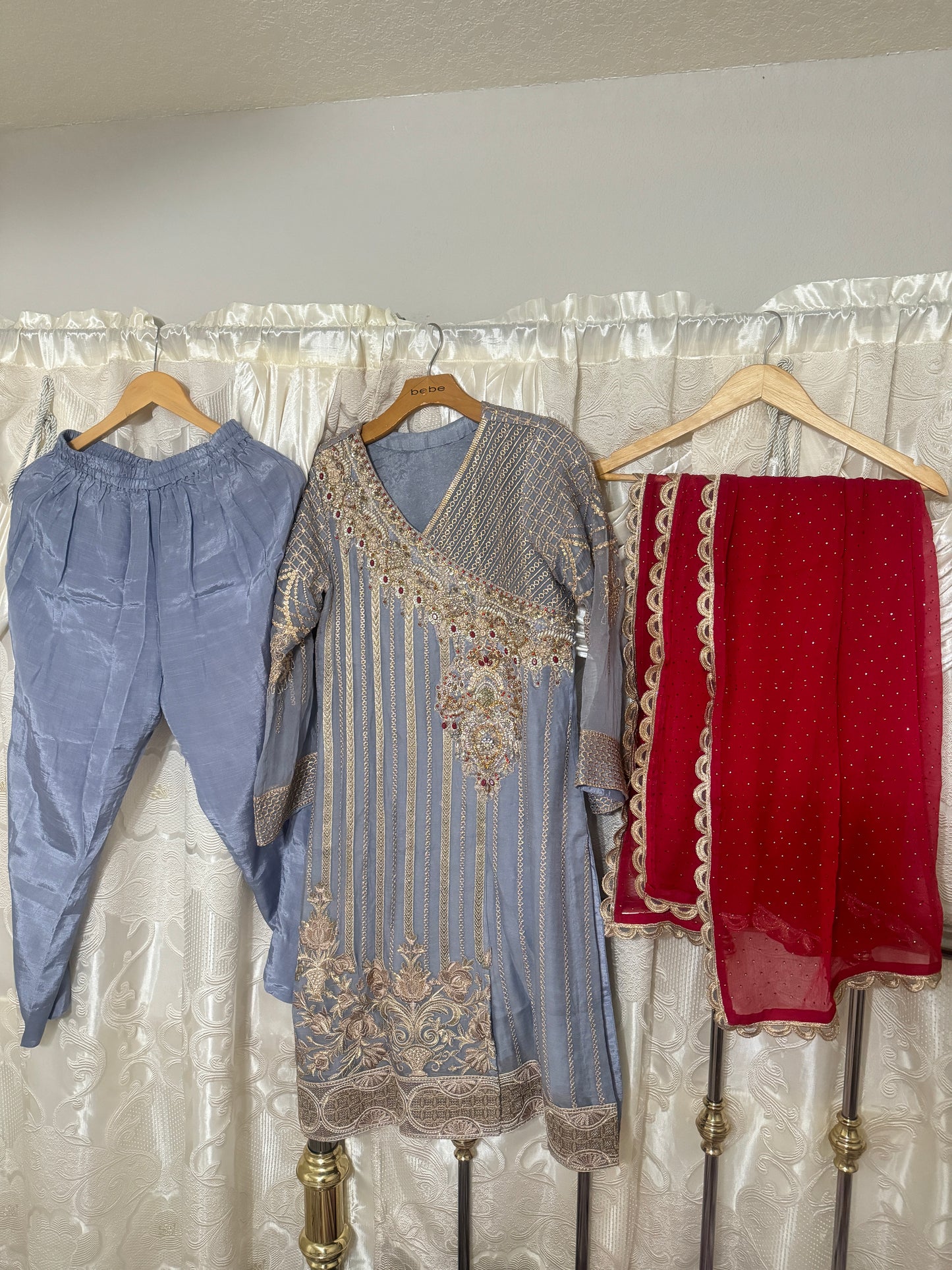 Gray anrakhi kameez & shalwar and red duppata