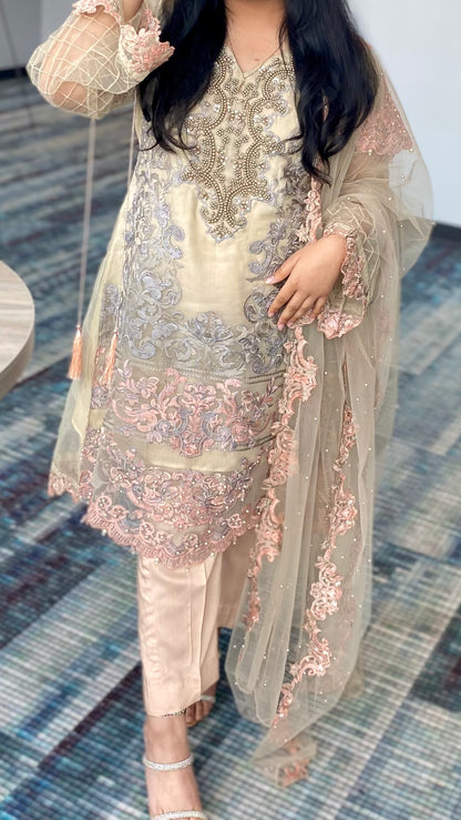 Zahra Rubab Pink, Gray Suit