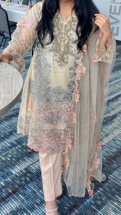 Zahra Rubab Pink, Gray Suit